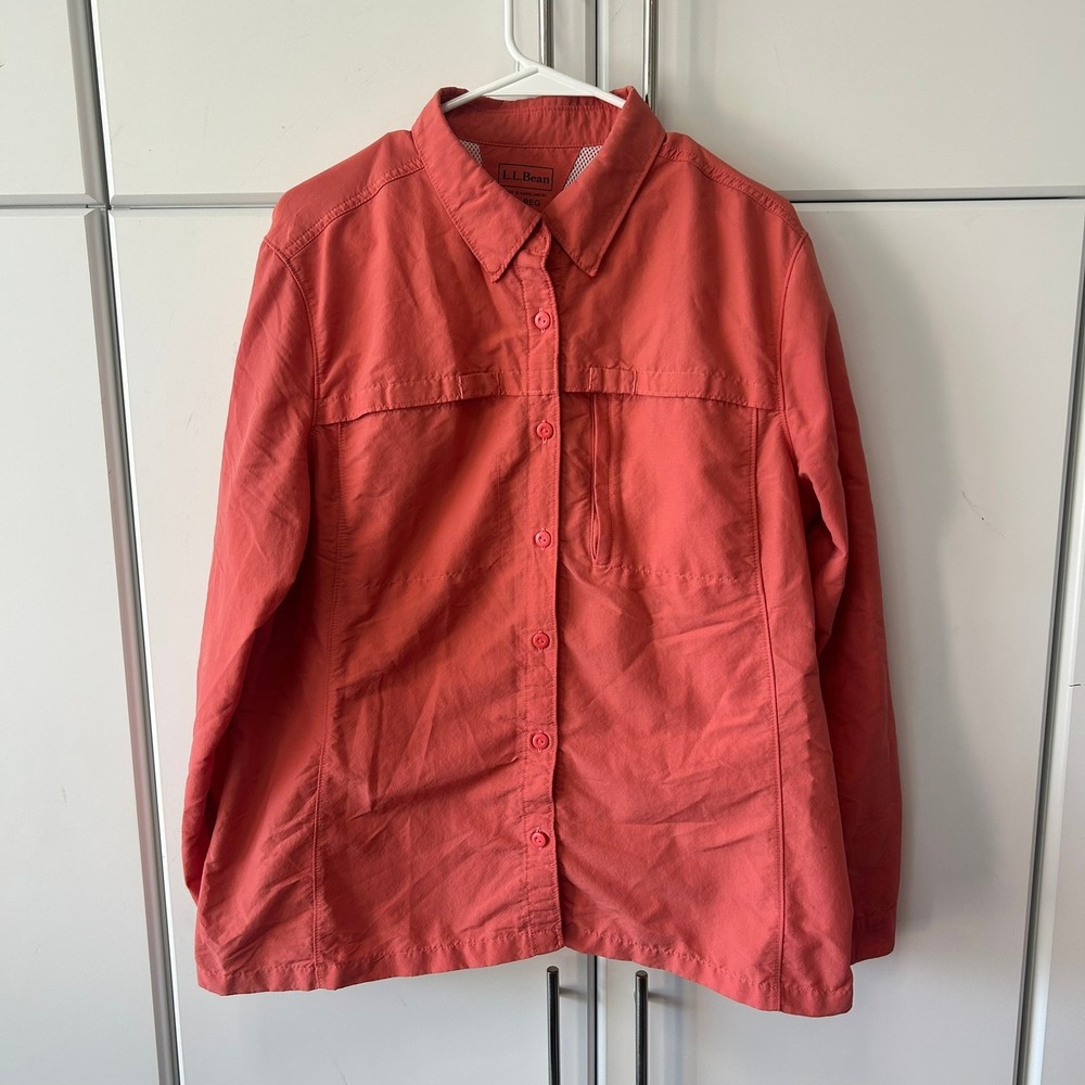 LL Bean Womens XL Regular Coral Pink Long Sleeve Ventilated Fishing Hiking Shirt